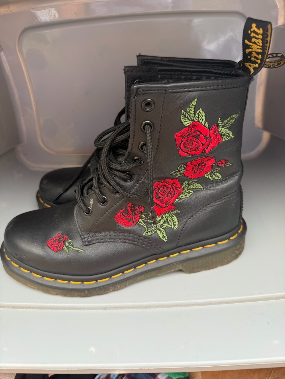 Dr. Martens Black Leather Lace-Up Boots with Red Rose Embroidery